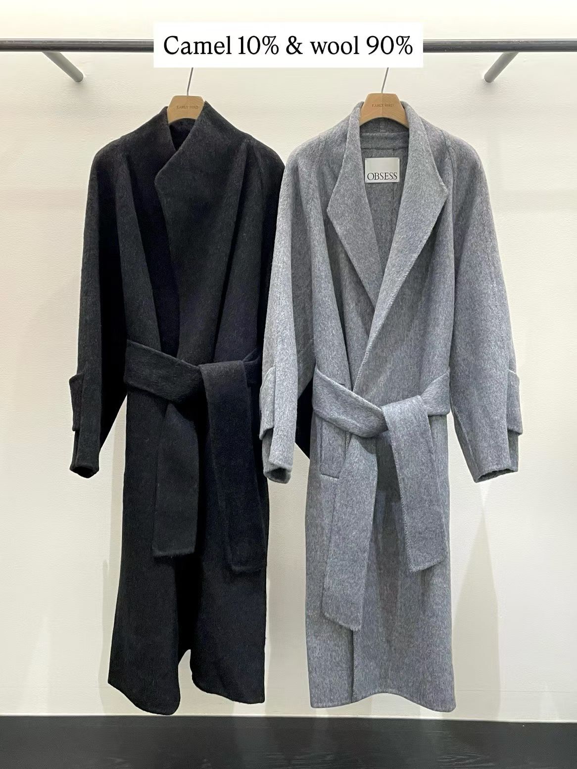 OB5229 駱駝毛羊毛混紡繫帶大衣