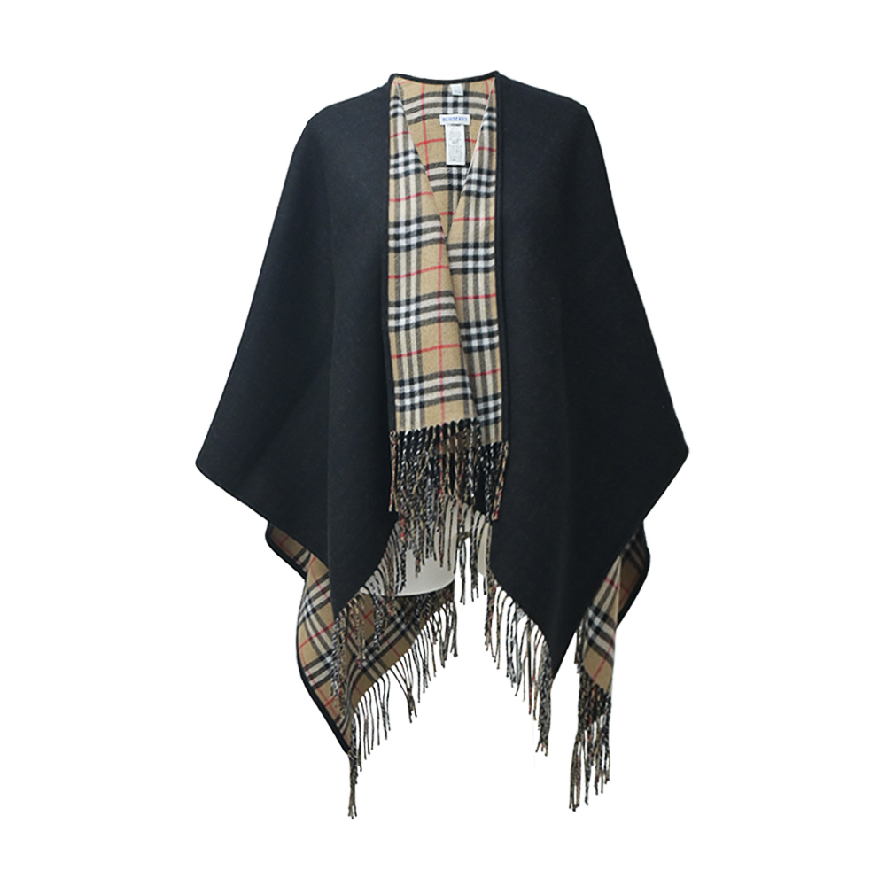 【JS’Maxx】BURBERRY 經典格紋雙面羊毛斗篷(黑色)