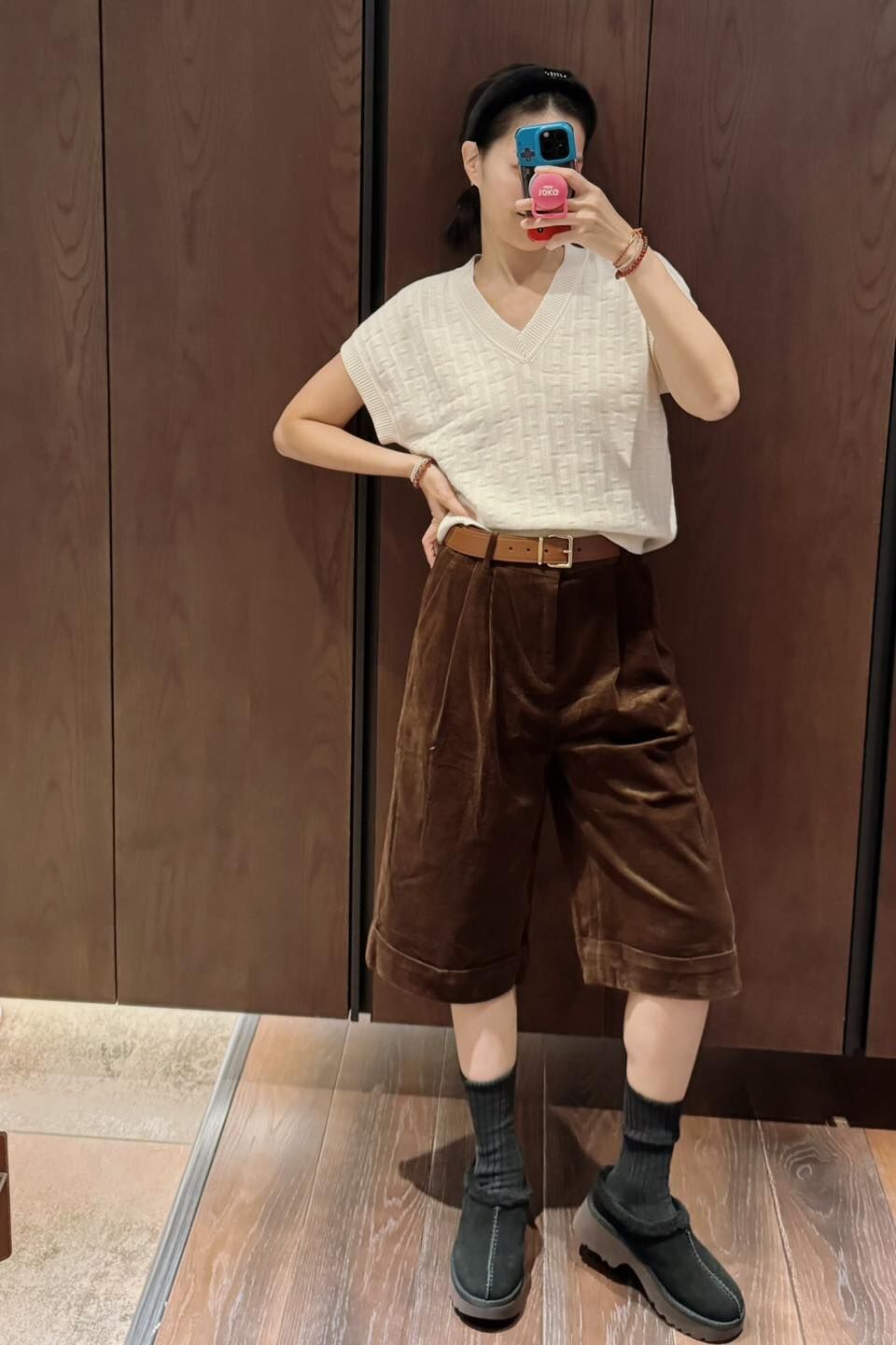 悅工坊 燈芯絨過膝寬褲絨咖色