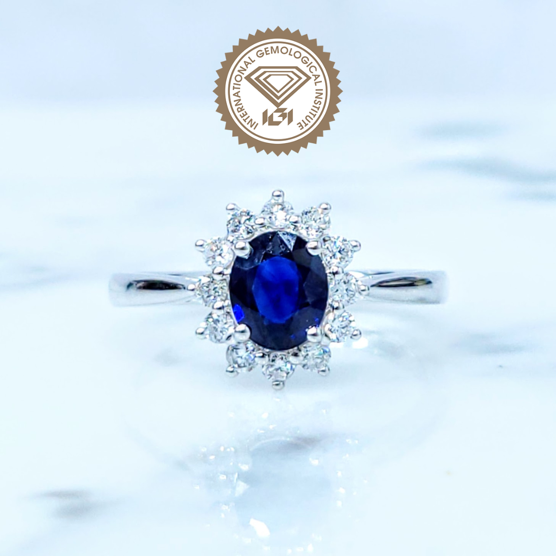 全新18K白金【單粒65份藍寶石】配27份鑽石戒指