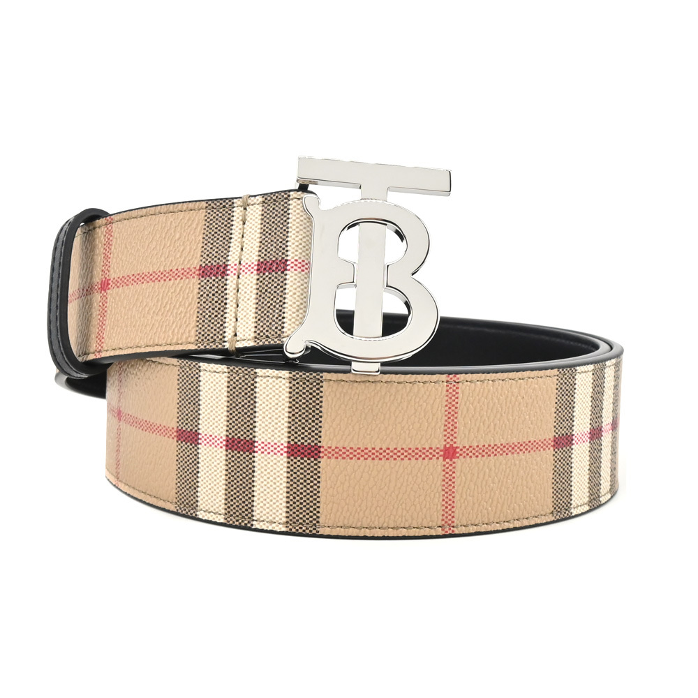 【JS’Maxx】BURBERRY TB經典格紋帆布雙面寬版皮帶(米色-90cm/95cm/100cm/105cm)