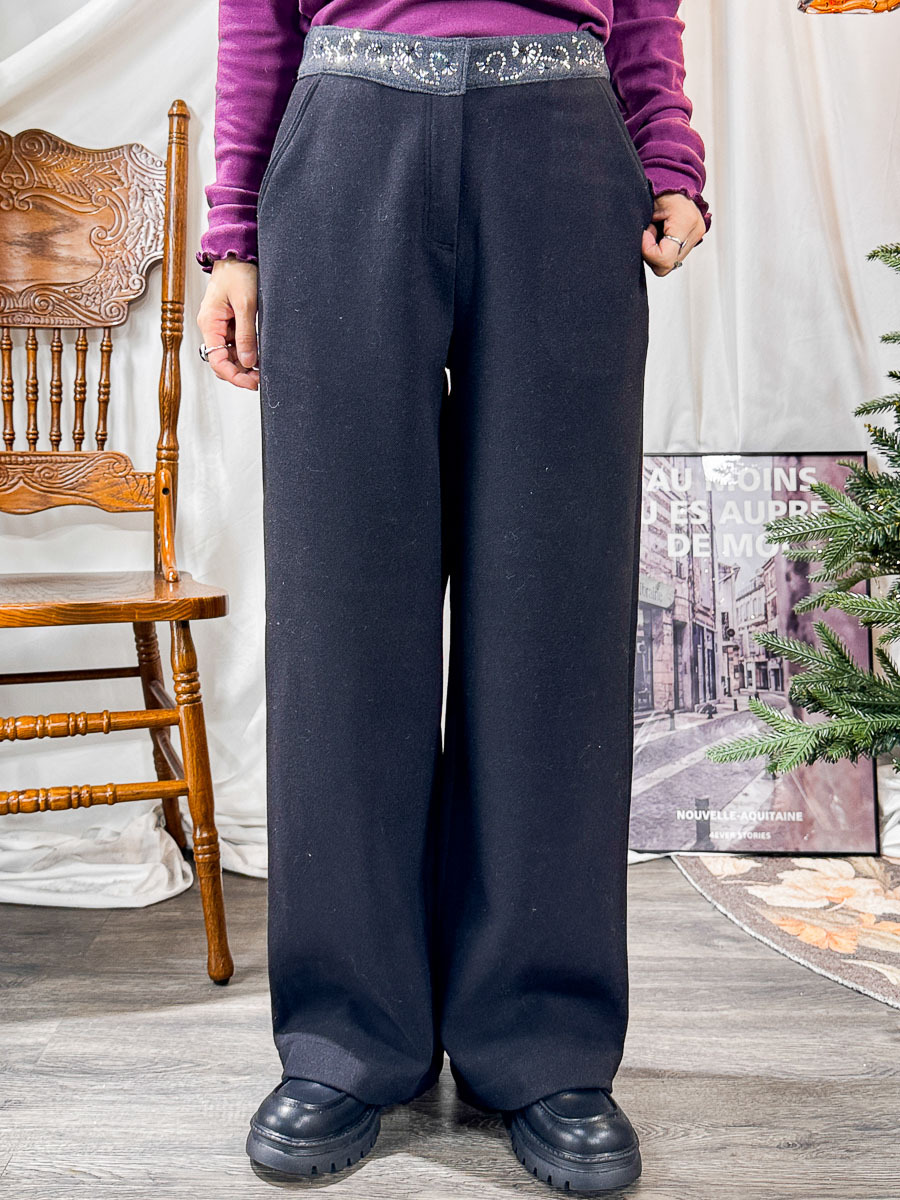 ⬇️開倉低至半價😱FINALSALE📣 腰位拼色 釘閃石．絨絨料直腳褲【不設退換】