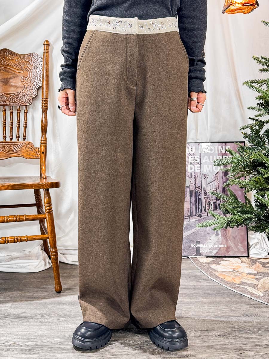 ⬇️開倉低至半價😱FINALSALE📣 腰位拼色 釘閃石．絨絨料直腳褲【不設退換】