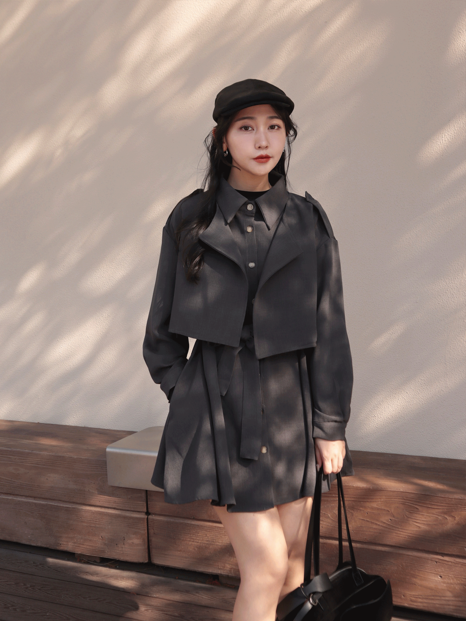 25J203 一款多穿~早晨摩卡 經典開襟短風衣+迪斯科尖領傘百洋裝 Set