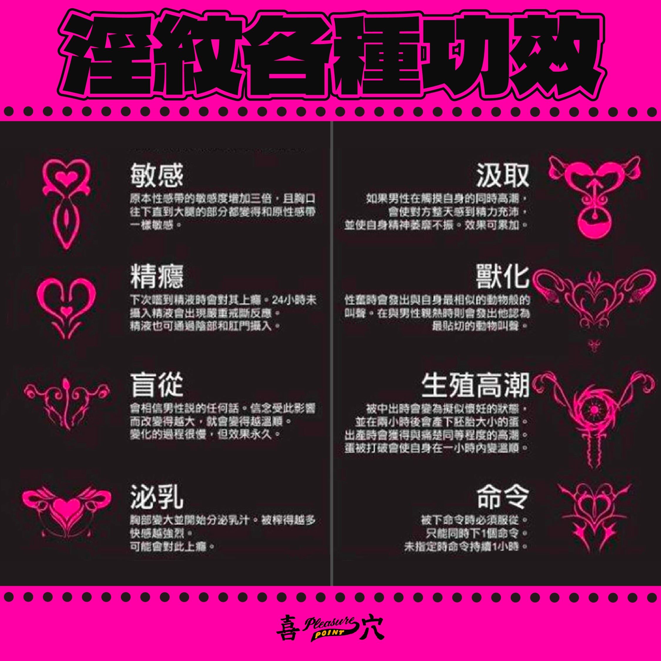 功效參考圖1    敏感  原本性感帶的敏感度增加三倍，且胸口往下直到大腿的部分都變得和原性感帶一樣敏感。  汲取  如果男性在觸摸自身的同時高潮，會使對方整天感到精力充沛，並使自身精神萎靡不振。效果可累加。  精癮  下次嚐到精液時會對其上癮。24小時未攝入精液會出現嚴重戒斷反應。精液也可通過陰部和肛門攝入。  獸化  性興奮時會發出與自身最相似的動物般的叫聲。在與男性親熱時則會發出他認為最貼切的動物叫聲。  盲從  會相信男性說的任何話。信念受此影響而改變得越大，就會變得越溫順。變化的過程很慢，但效果永久。  生殖高潮  被中出時會變為擬似懷妊的狀態，並在兩小時後會產下胚胎大小的蛋。出產時會獲得與痛楚同等程度的高潮。蛋被打破會使自身在一小時內變溫順。  泌乳  胸部變大並開始分泌乳汁。被榨得越多快感越強烈。可能會對此上癮。  命令  被下命令時必須服從。只能同時下1個命令。未指定時命令持續1小時。