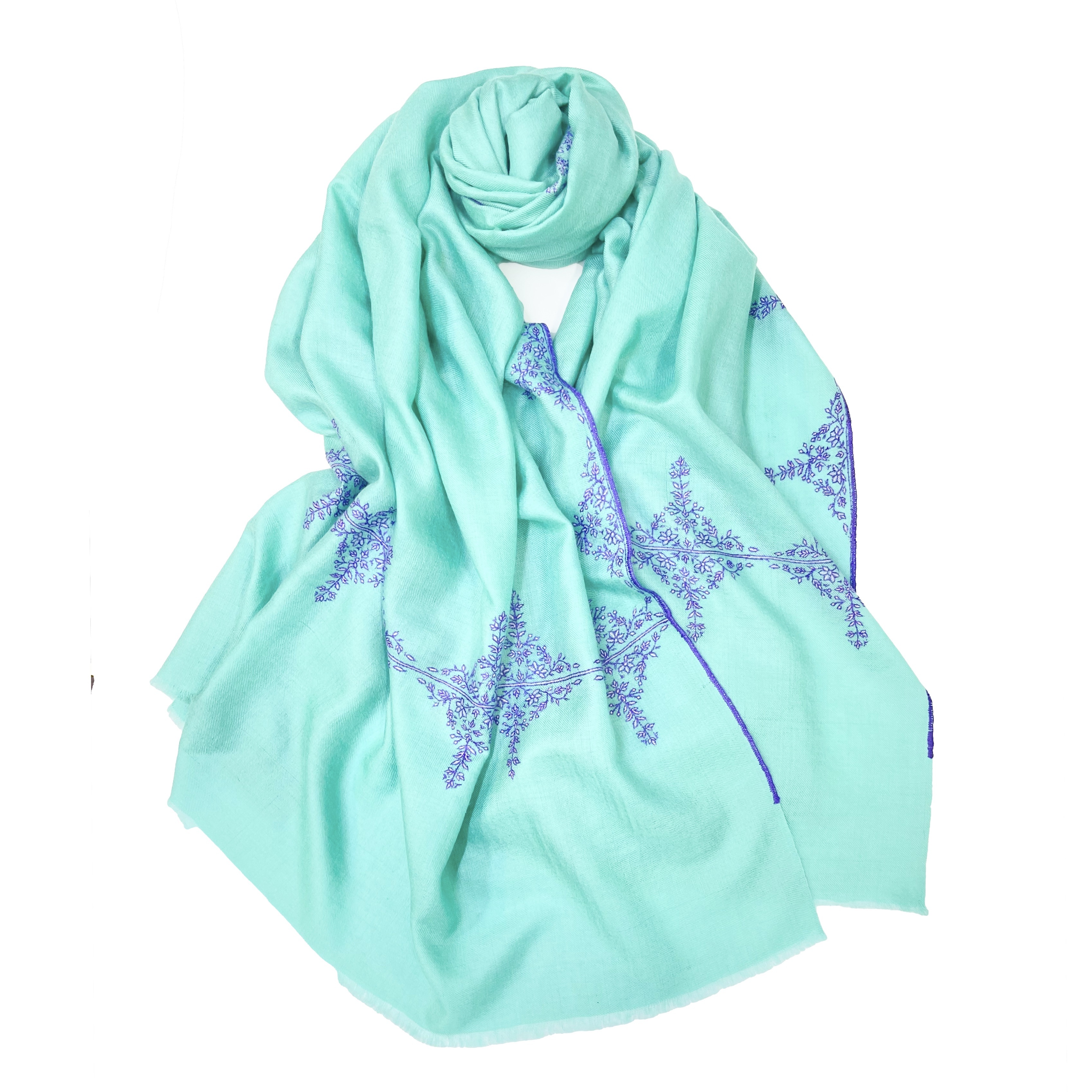 蒂芙尼藍索茲尼刺繡喀什米爾羊絨披肩圍巾