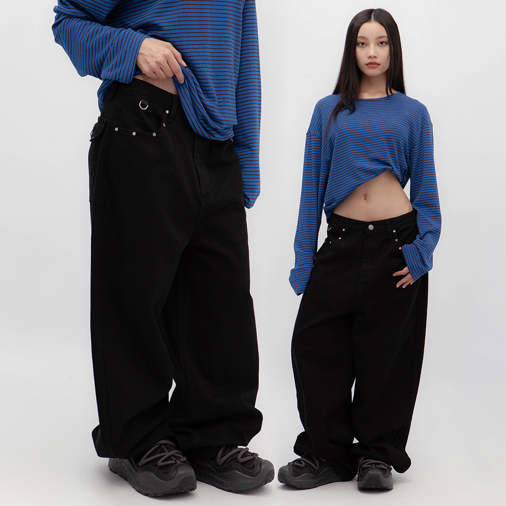 金屬飾釦寬版黑色牛仔褲