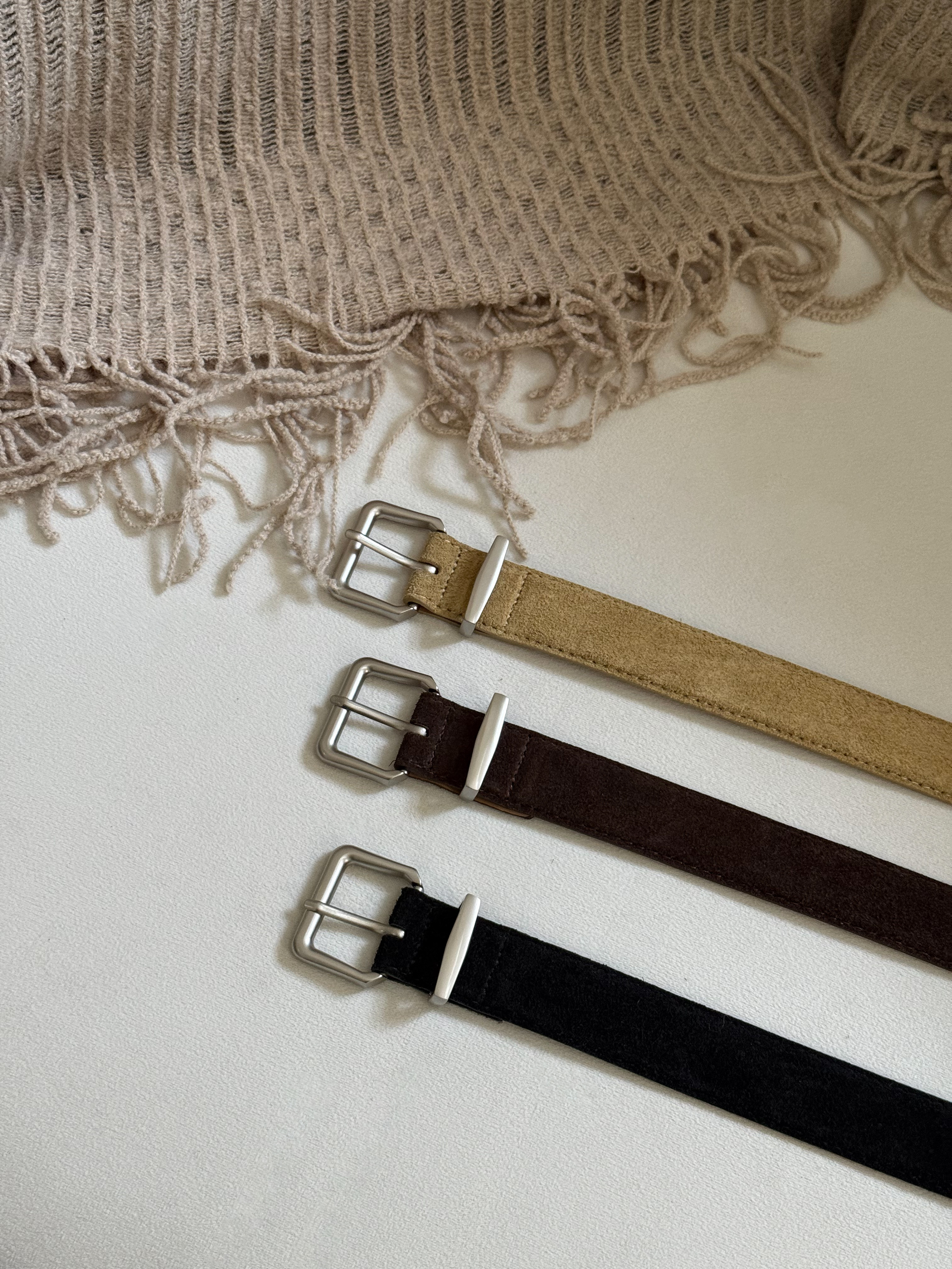 25J313 敲碗~日常百搭銀釦環 義大利牛皮麂皮腰帶