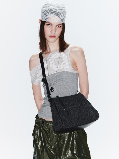 Fennec BASH 豹紋鉚釘肩背包 | 雙口袋棉PU拼接 | 可調節斜挎包 FB1SB01LBF