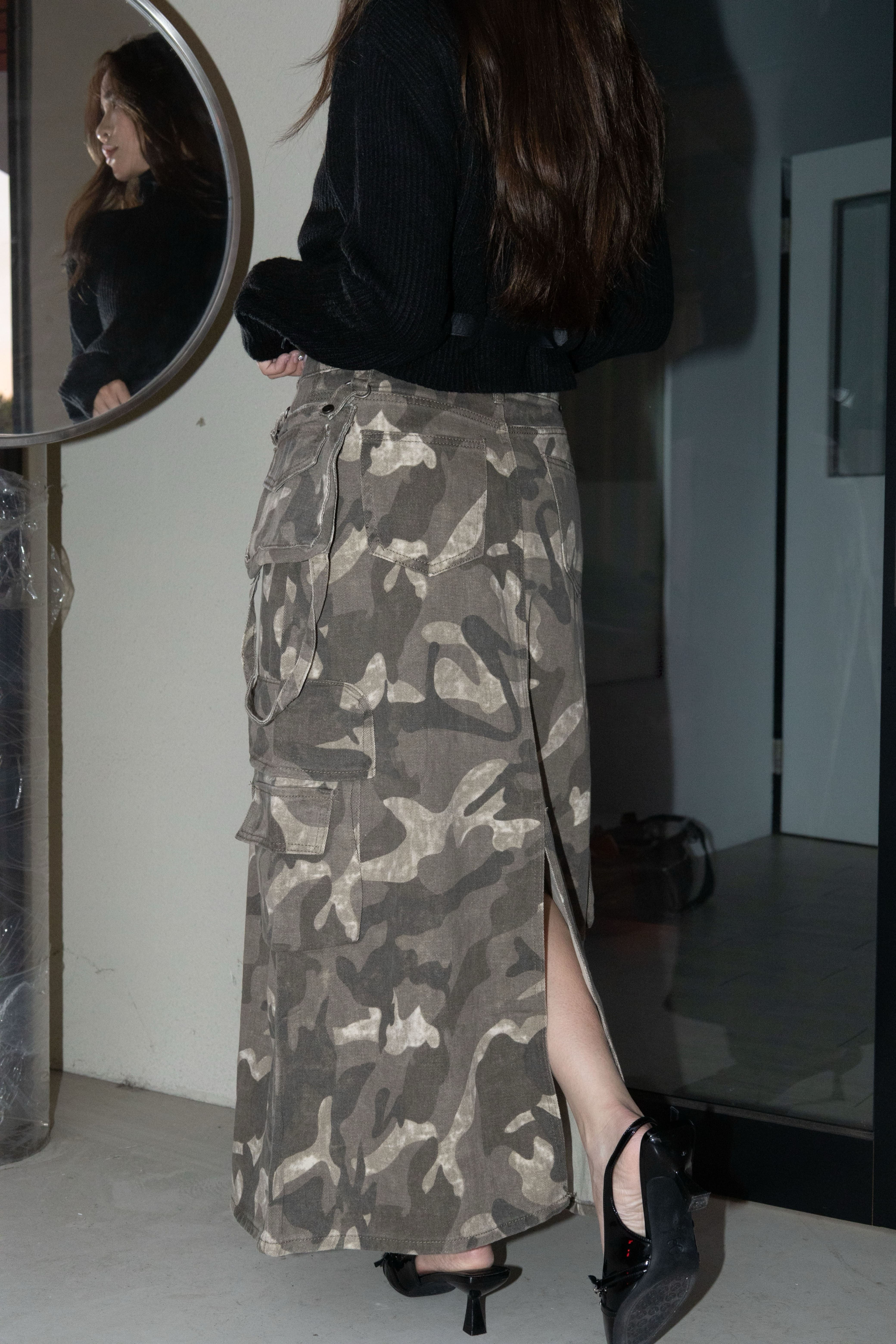 工裝迷彩後開衩牛仔直筒長裙