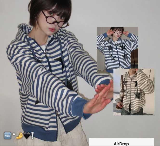 秋冬預訂｜星印條紋抓絨雙向連帽拉鍊外套