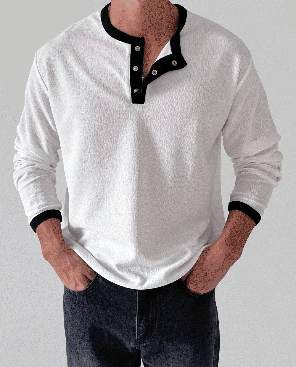 拼色亨利領長袖上衣