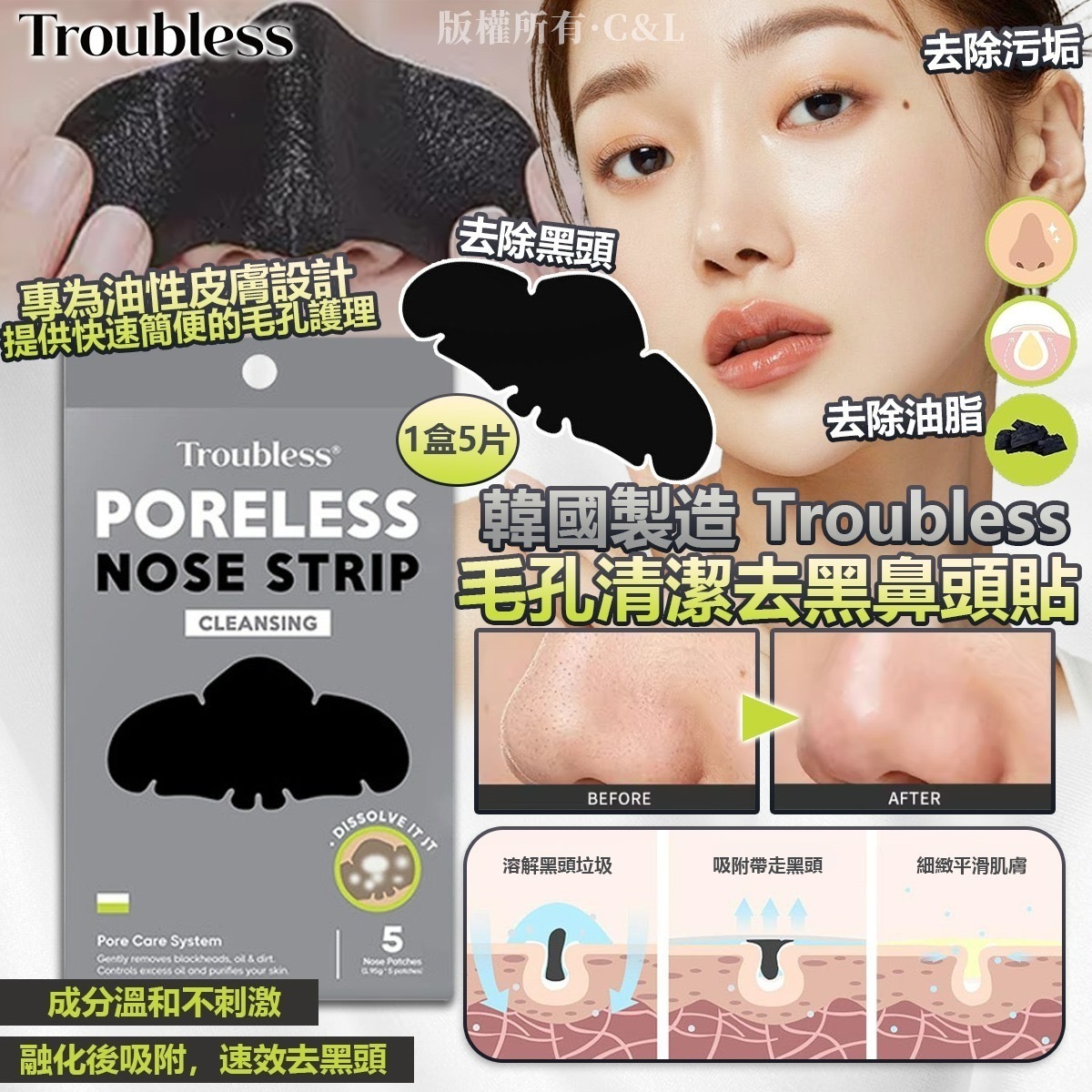 韓國製造Troubless毛孔清潔去黑鼻頭貼 1盒5片