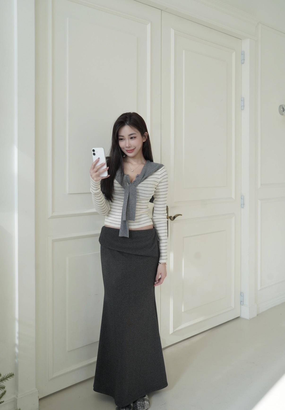 🇰🇷簡約好身材｜條紋開釦披肩上衣