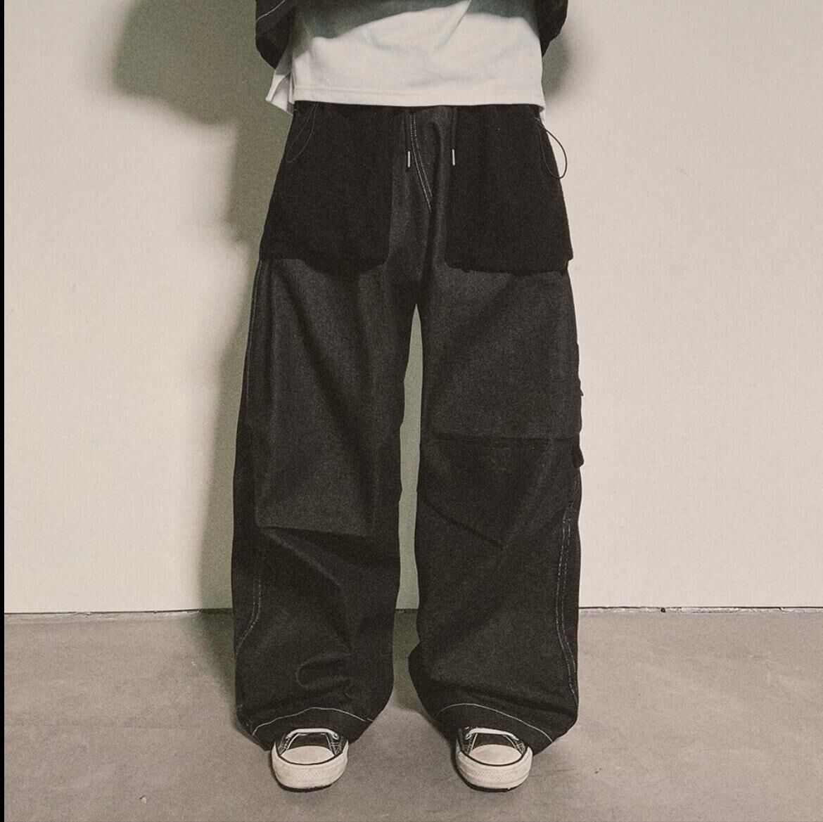 拼色可束腳鬆身牛仔褲 P3212