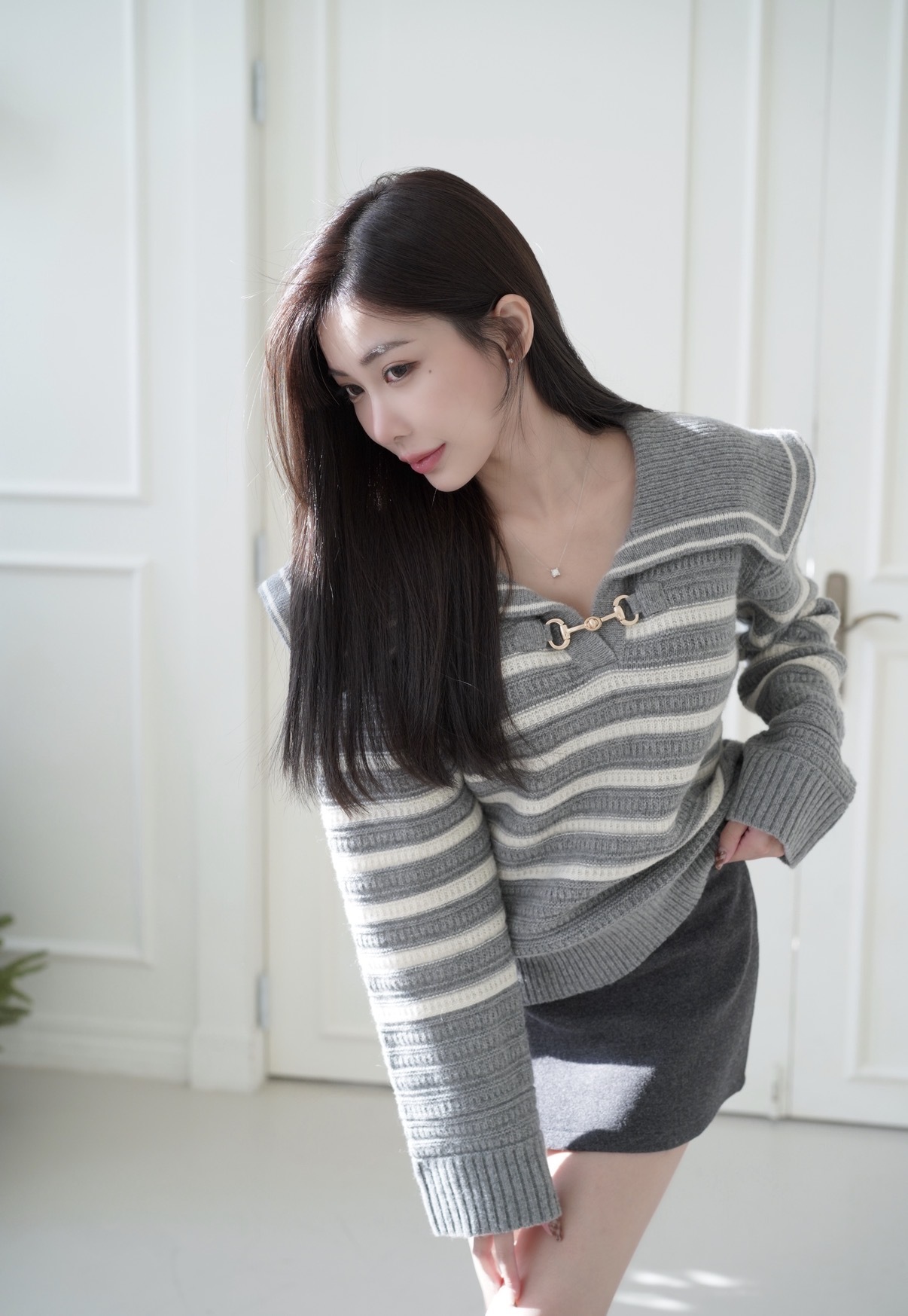 🇰🇷微甜氣質｜質感條紋翻領金扣針織毛衣