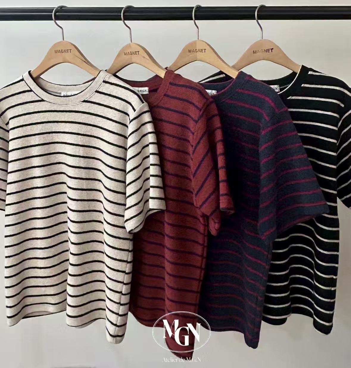 MN5225 抓毛感棉質條紋短袖上衣