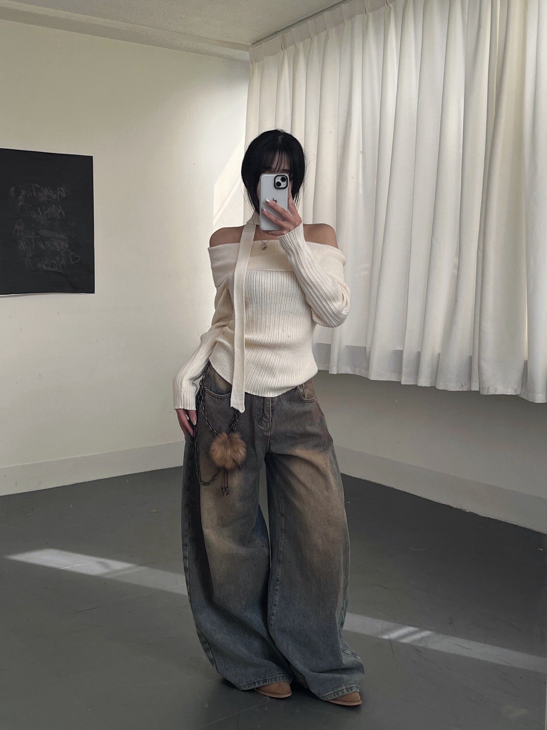 綿羊絨飄帶修身一字毛衣