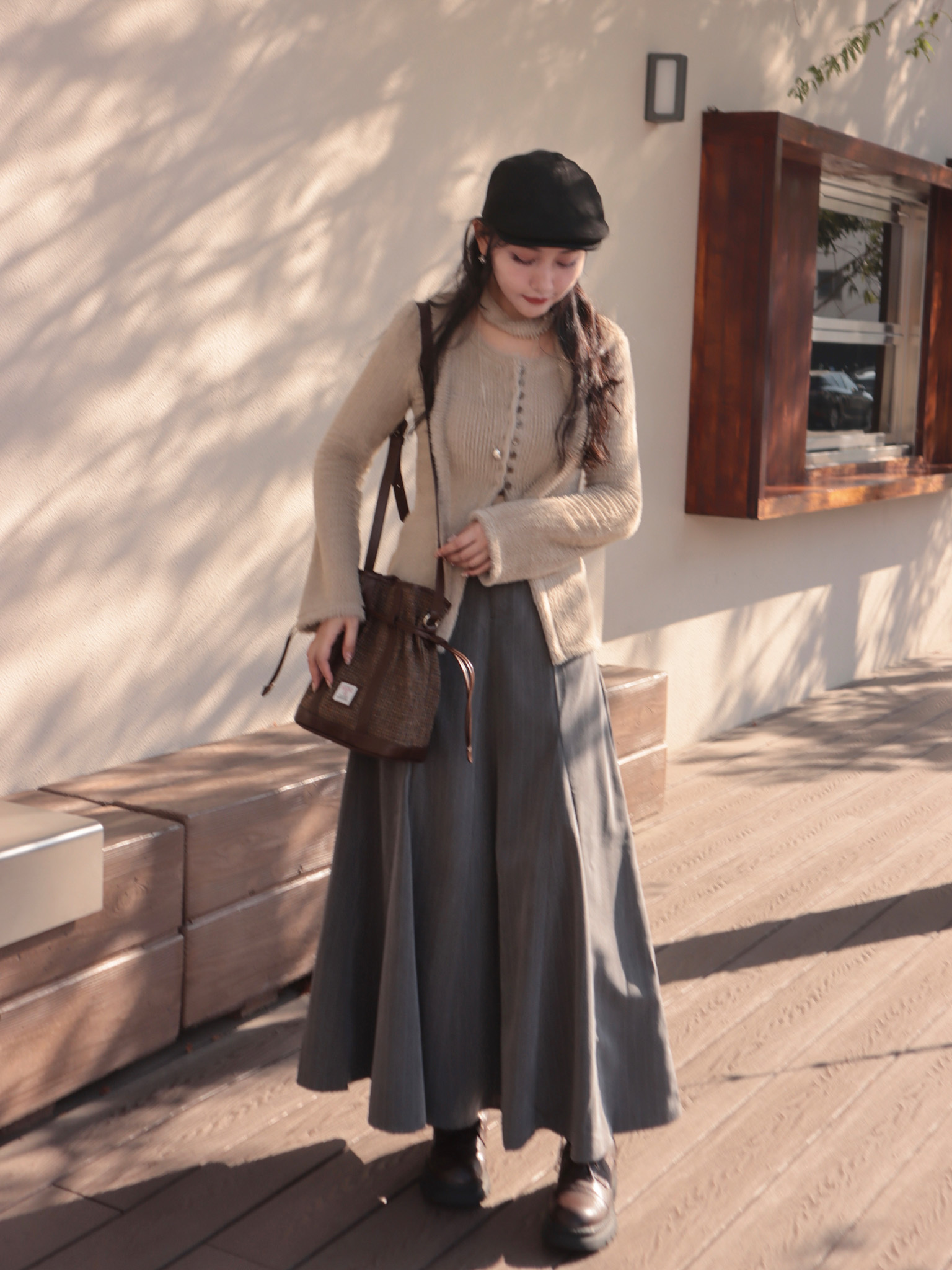 25J205 自留推薦!設計師款高級層次剪裁散襬條紋西裝長裙