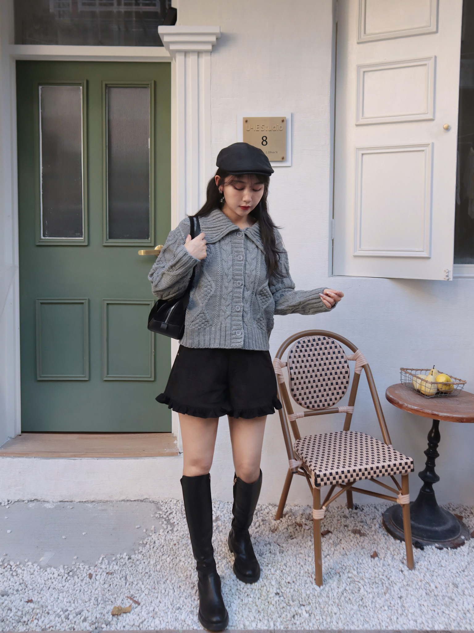 25J112 復古音樂盒 翻領麻花捲排釦毛衣/針織外套