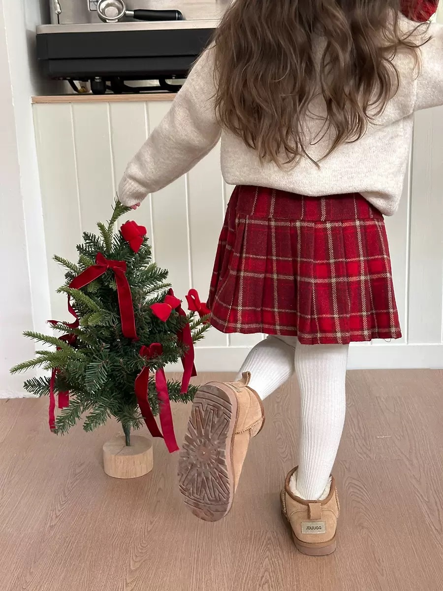 節日氛圍毛呢格子百褶裙