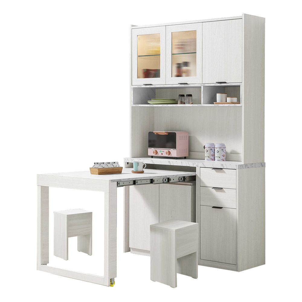 喬亞4尺仿石面多功能組合L型餐櫃餐桌/伸縮餐桌中島櫃(收納高電器餐櫃+收合餐桌+椅凳)