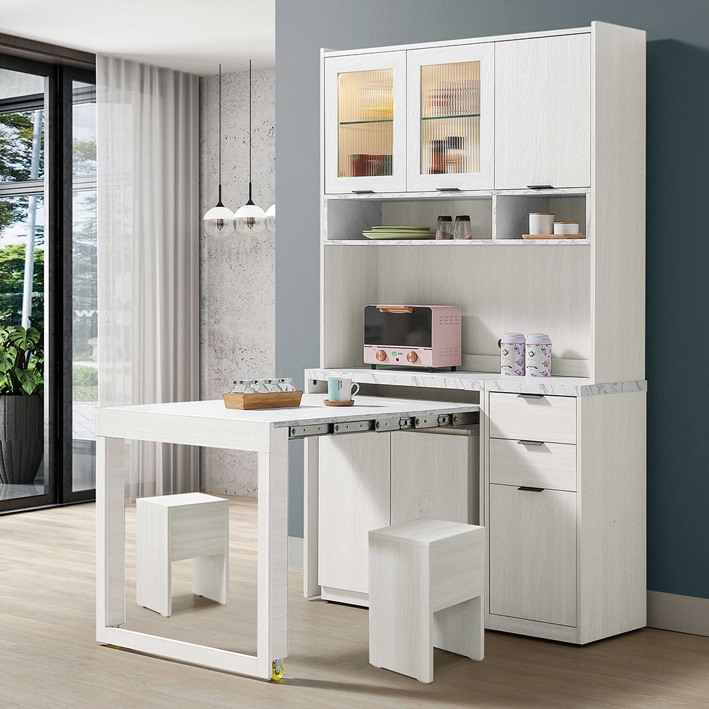 喬亞4尺仿石面多功能組合L型餐櫃餐桌/伸縮餐桌中島櫃(收納高電器餐櫃+收合餐桌+椅凳)