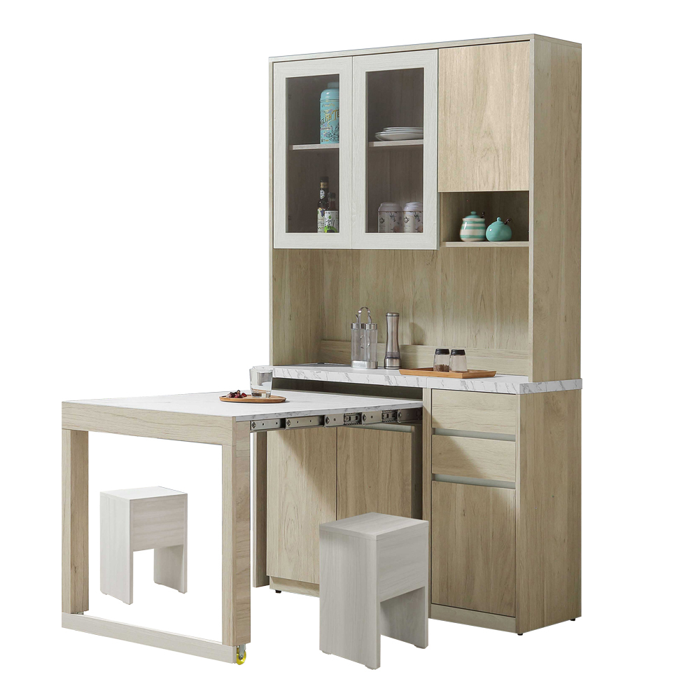 羅菲4尺仿石面多功能組合L型餐櫃餐桌/伸縮餐桌中島櫃(收納高電器餐櫃+收合餐桌+椅凳)