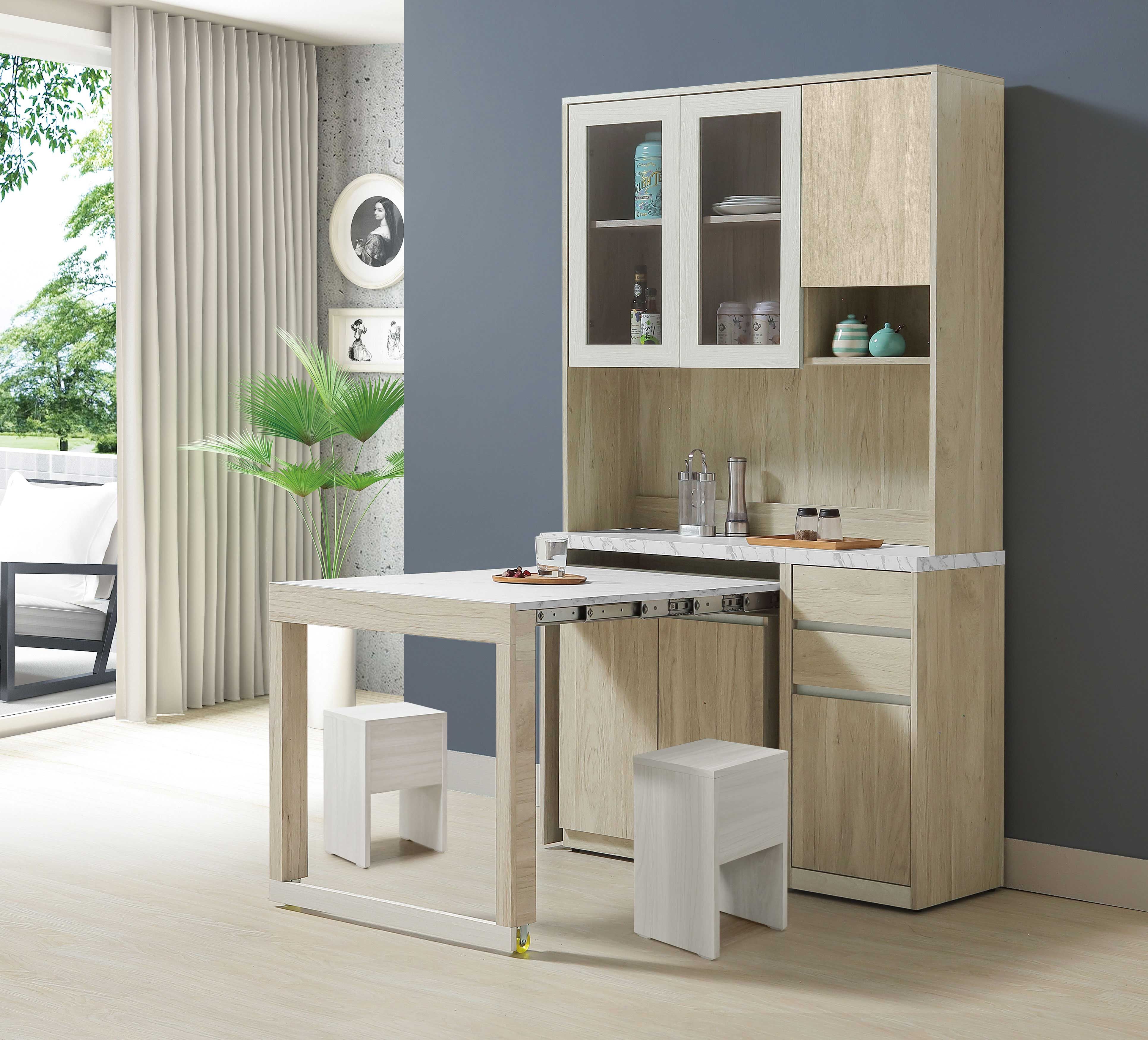 羅菲4尺仿石面多功能組合L型餐櫃餐桌/伸縮餐桌中島櫃(收納高電器餐櫃+收合餐桌+椅凳)