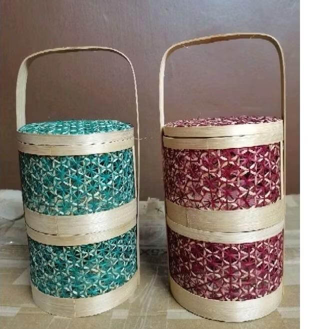 [The Rattan House] Minimalist Bamboo basket double-layer | Food Serving Basket  | Dessert Baskets | Gift Hamper | Decor