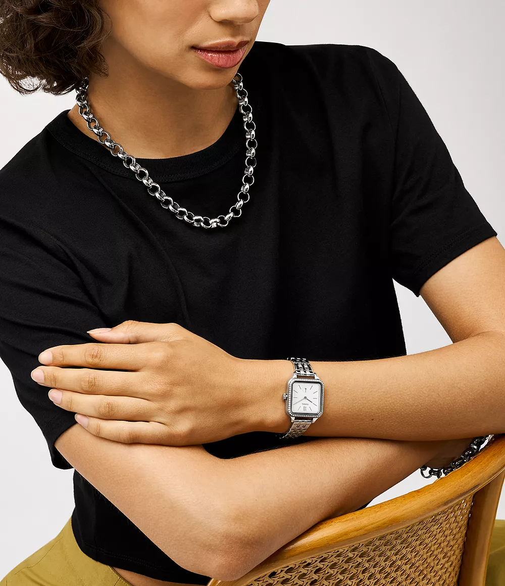 萬年鐘錶 - Fossil   Colleen 魅影晶鑽方形簡約不鏽鋼錶帶女錶 BQ3981 錶徑28MM