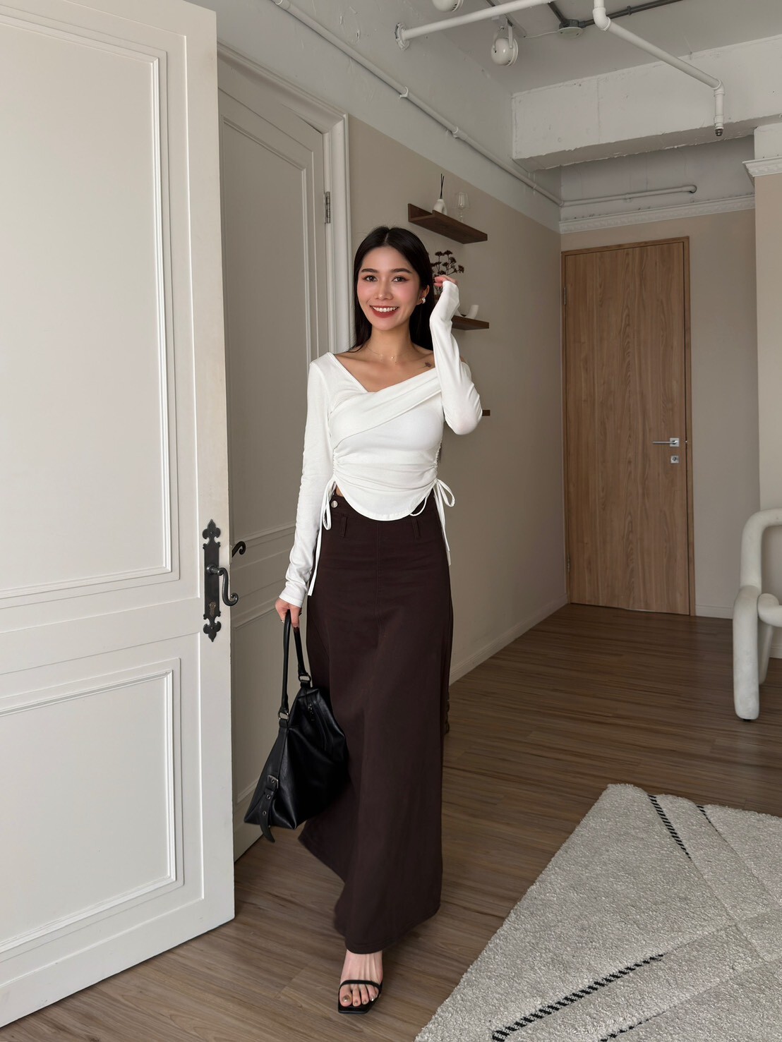 咖色系側拉鍊高腰A字裙