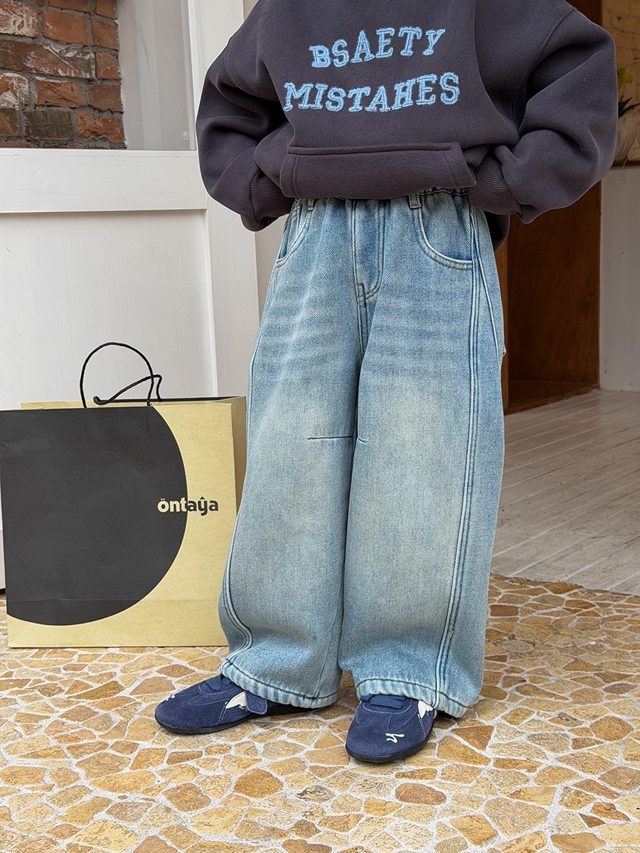 加絨時髦拼接復古牛仔褲