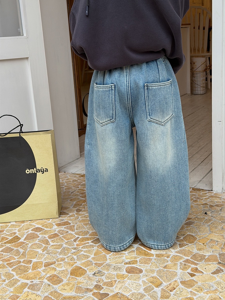 加絨時髦拼接復古牛仔褲