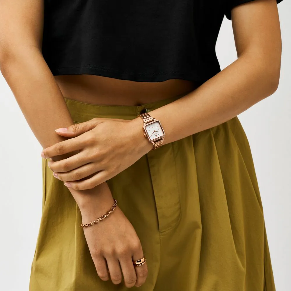 萬年鐘錶 - Fossil   Colleen 玫瑰金魅影晶鑽方形簡約不鏽鋼錶帶女錶 BQ3980 錶徑28MM