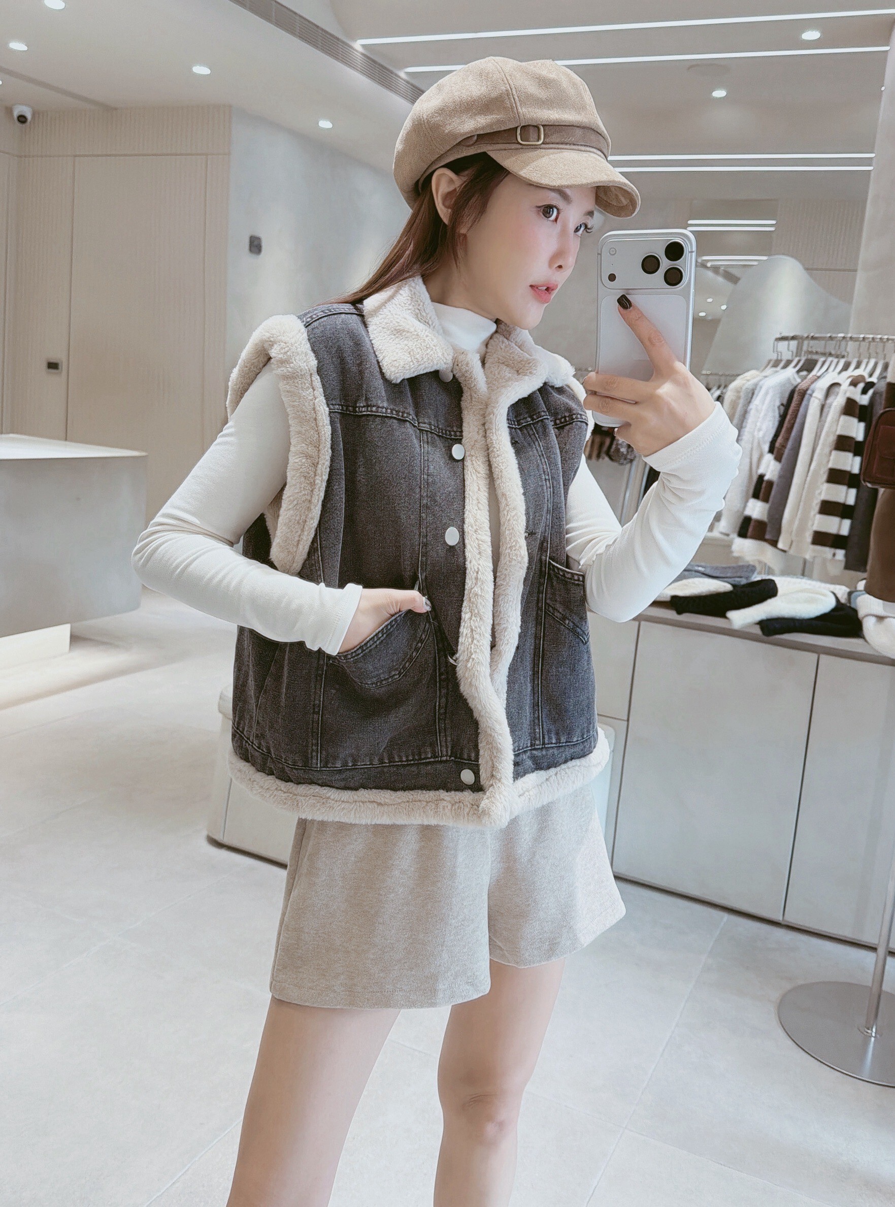 雙面穿斜口袋牛仔毛毛背心