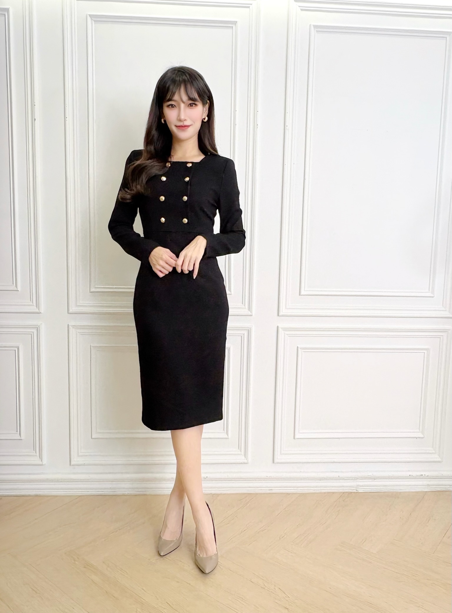 方領雙排金釦合身洋裝