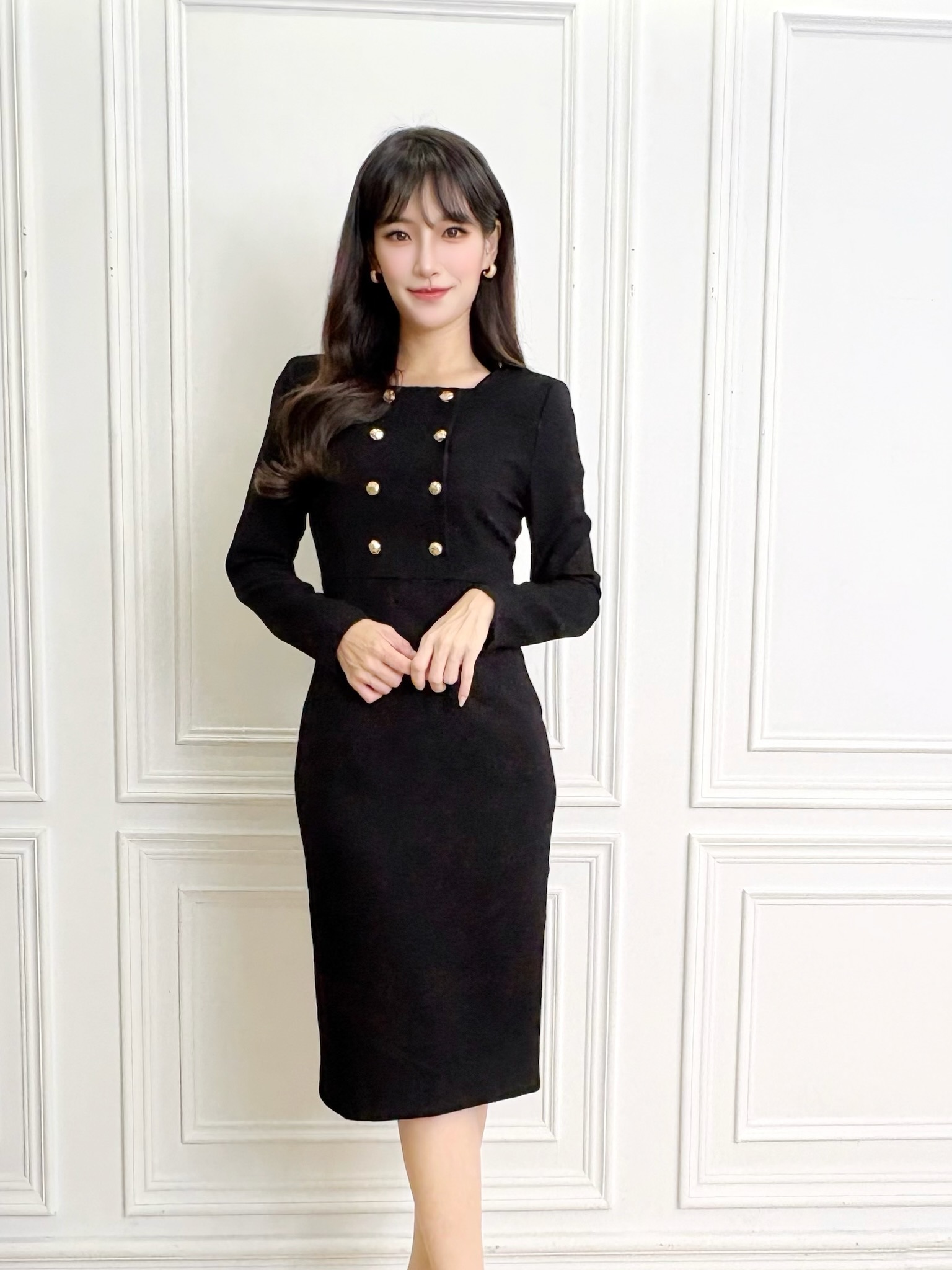 方領雙排金釦合身洋裝