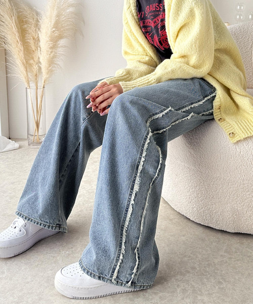 【現貨】日本 JaVa X Classical Elf 聯名款 側邊 流蘇 寬鬆 闊腿 刷色 牛仔褲