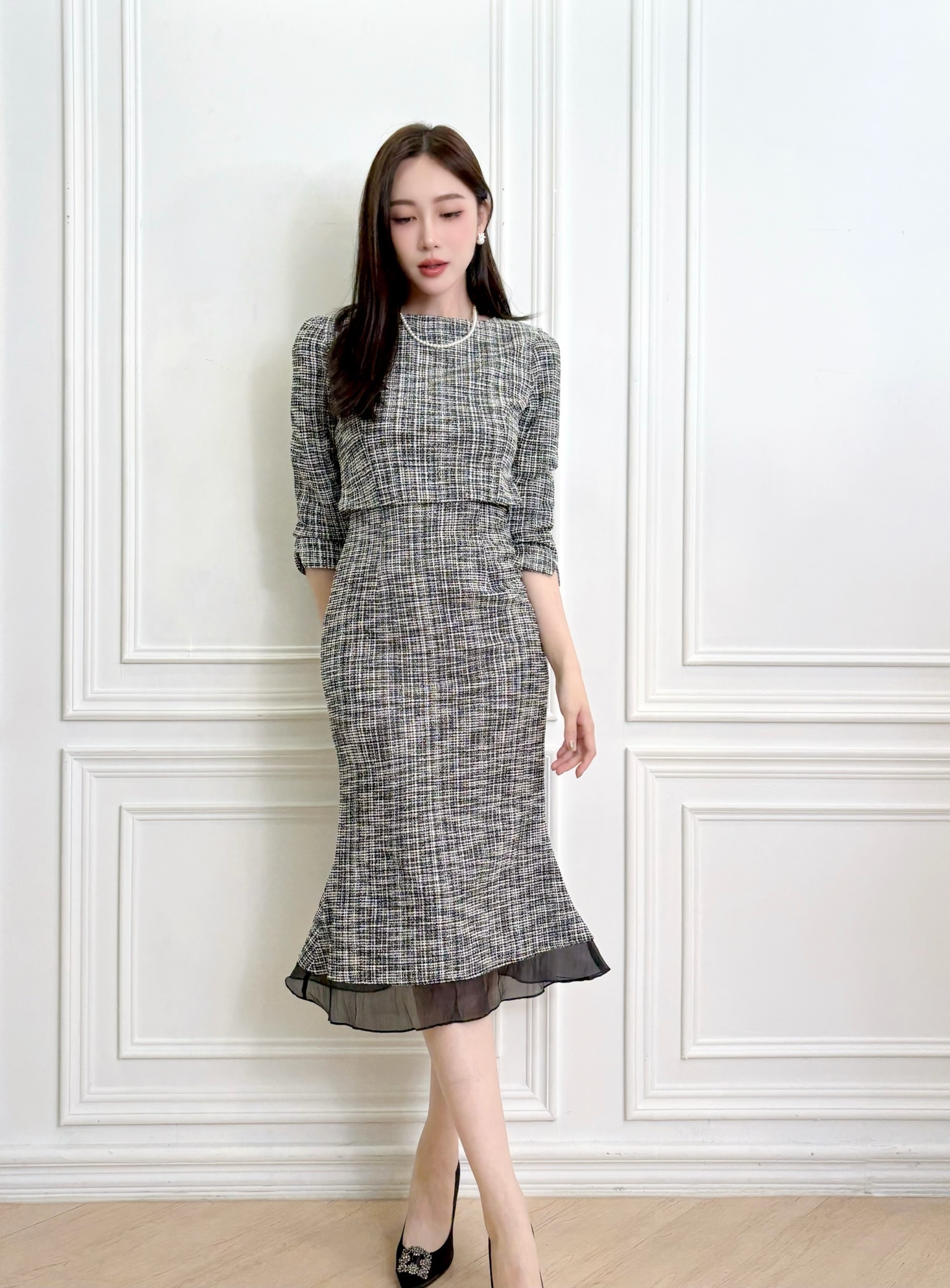 ( JS ) 絕美擺透紗織紋魚尾洋 - 黑