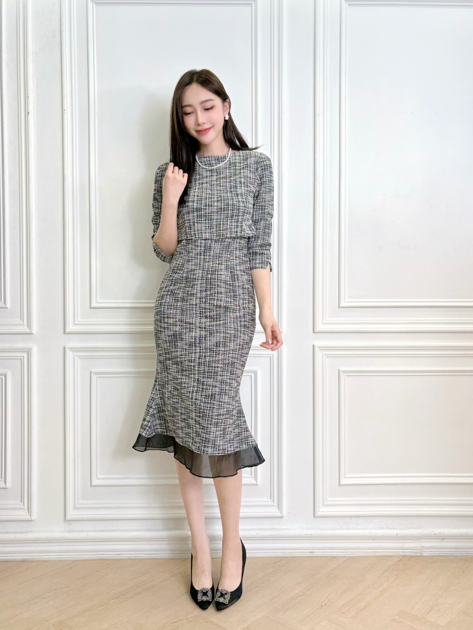 ( JS ) 絕美擺透紗織紋魚尾洋 - 黑