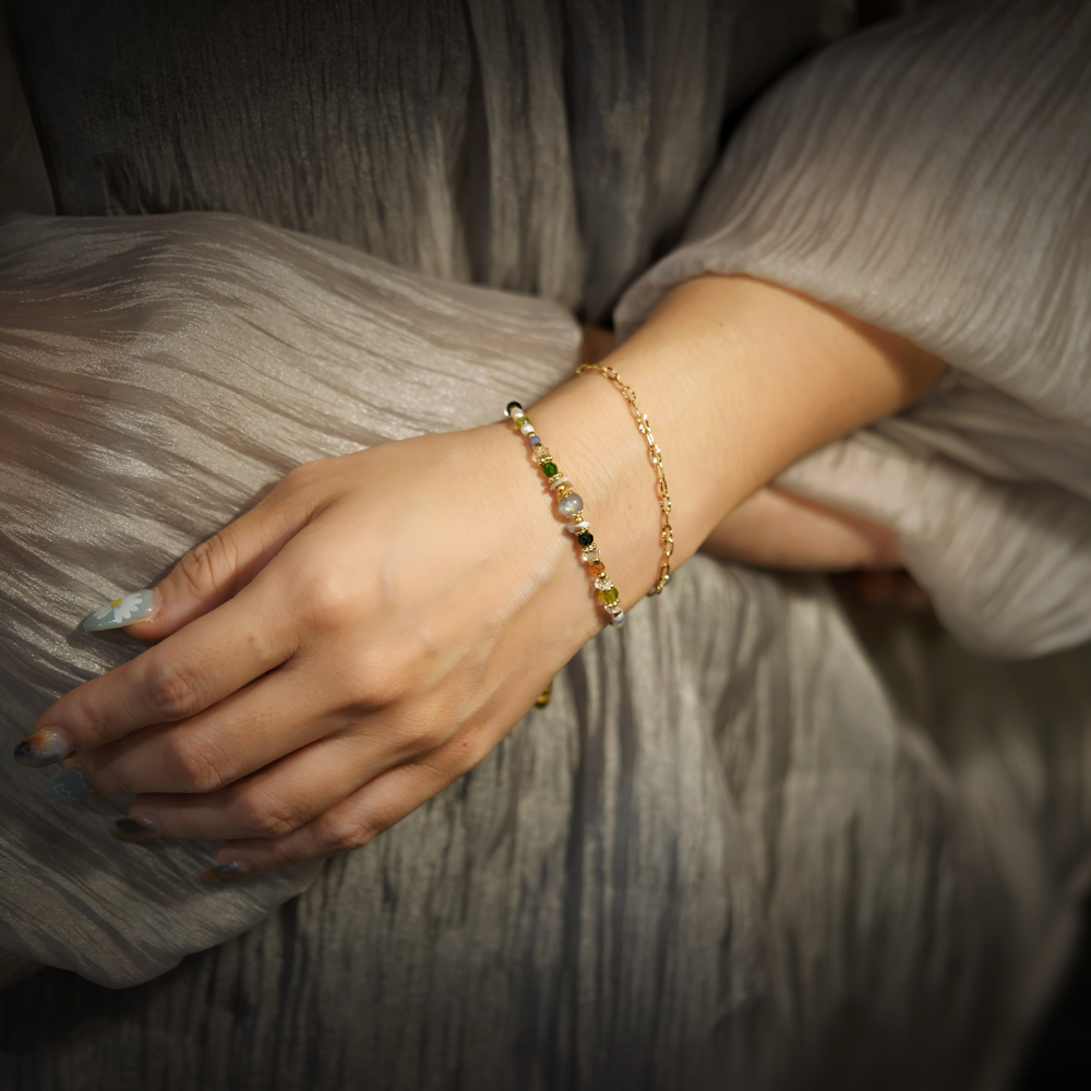 柔光之眠｜拉長石珍珠橄欖石鏈條手鍊 B0029