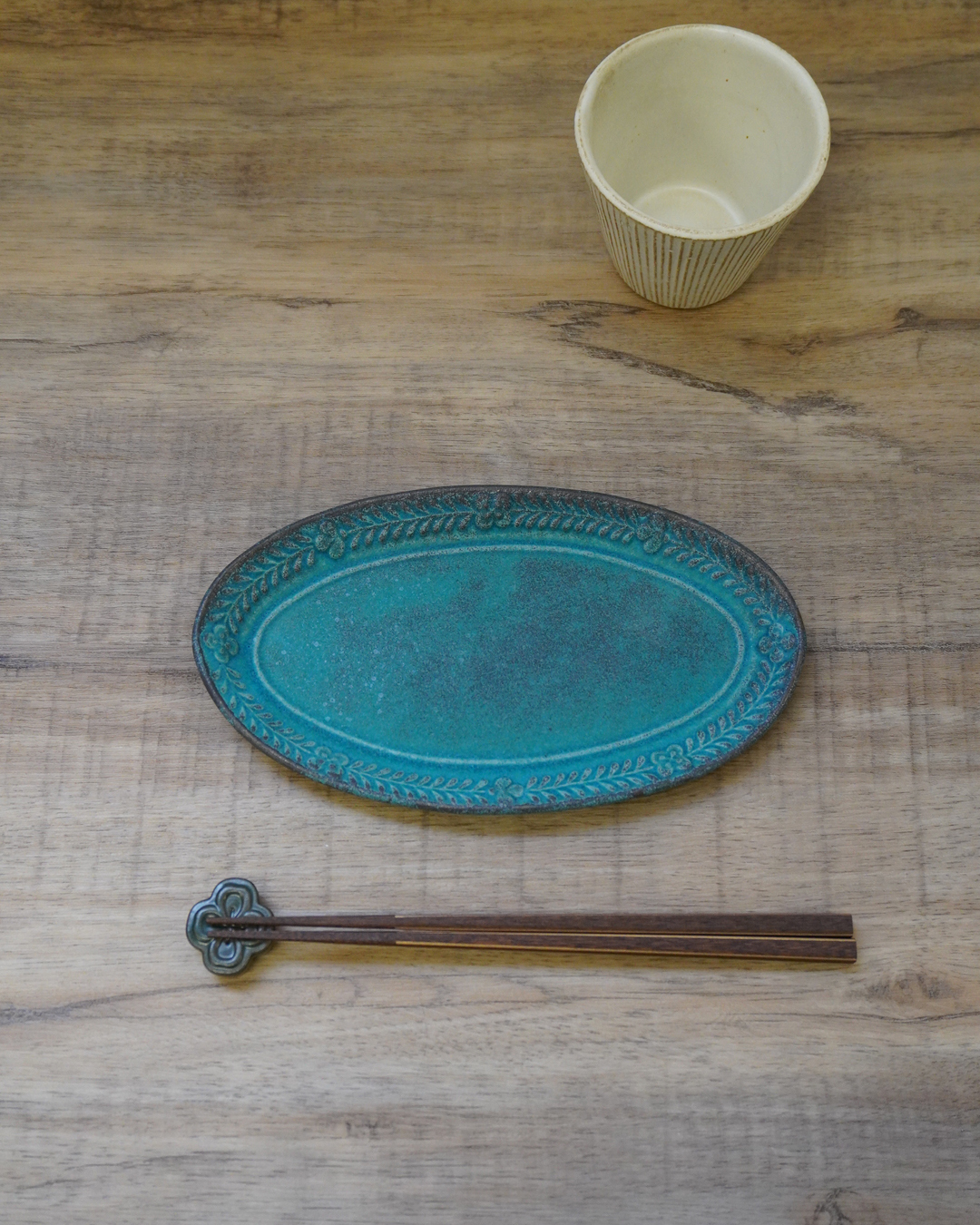 益子燒 迷迭香 橢圓碟 松綠色｜職人 若林健吾