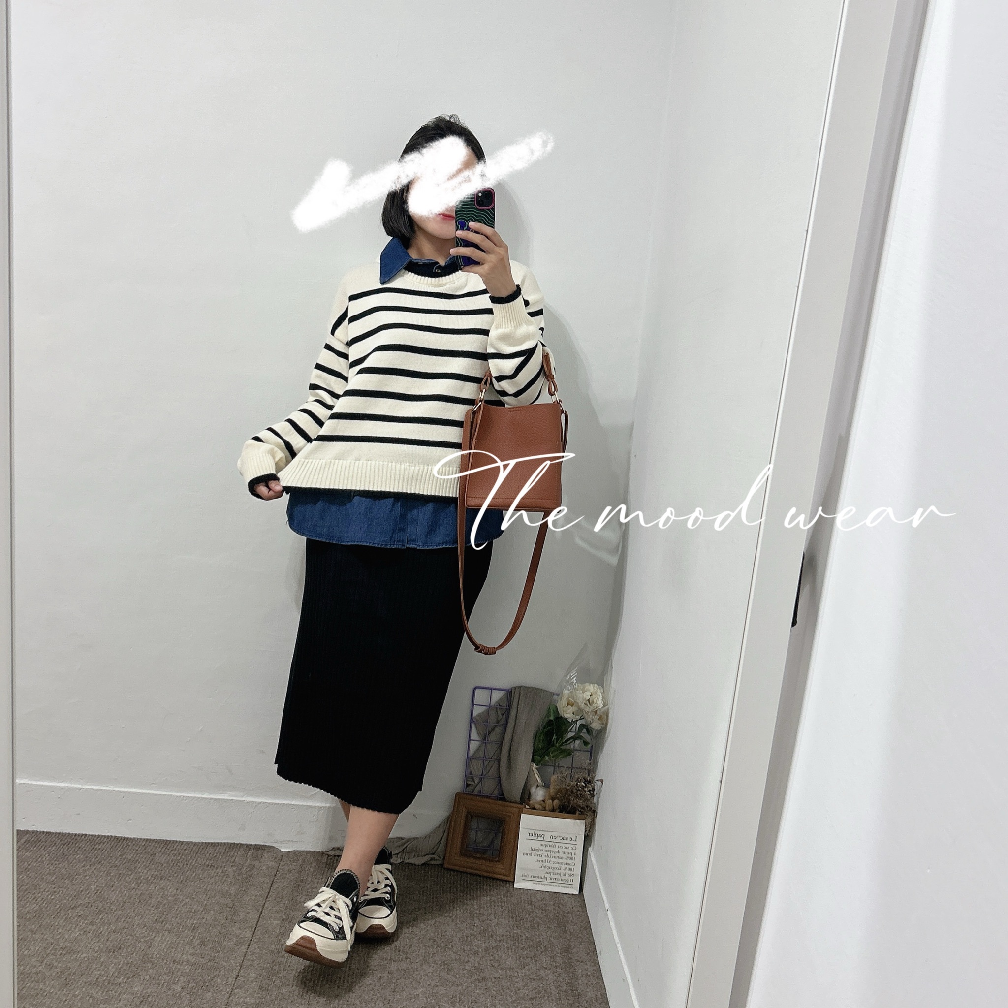 小清新牛仔領拼接條紋毛衣(黑條紋/白條紋)