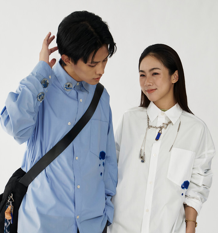 MELSIGN x plain-me 電繡長袖襯衫 聯名款 藍 25 A/W Stain Trim Pocket Shirt