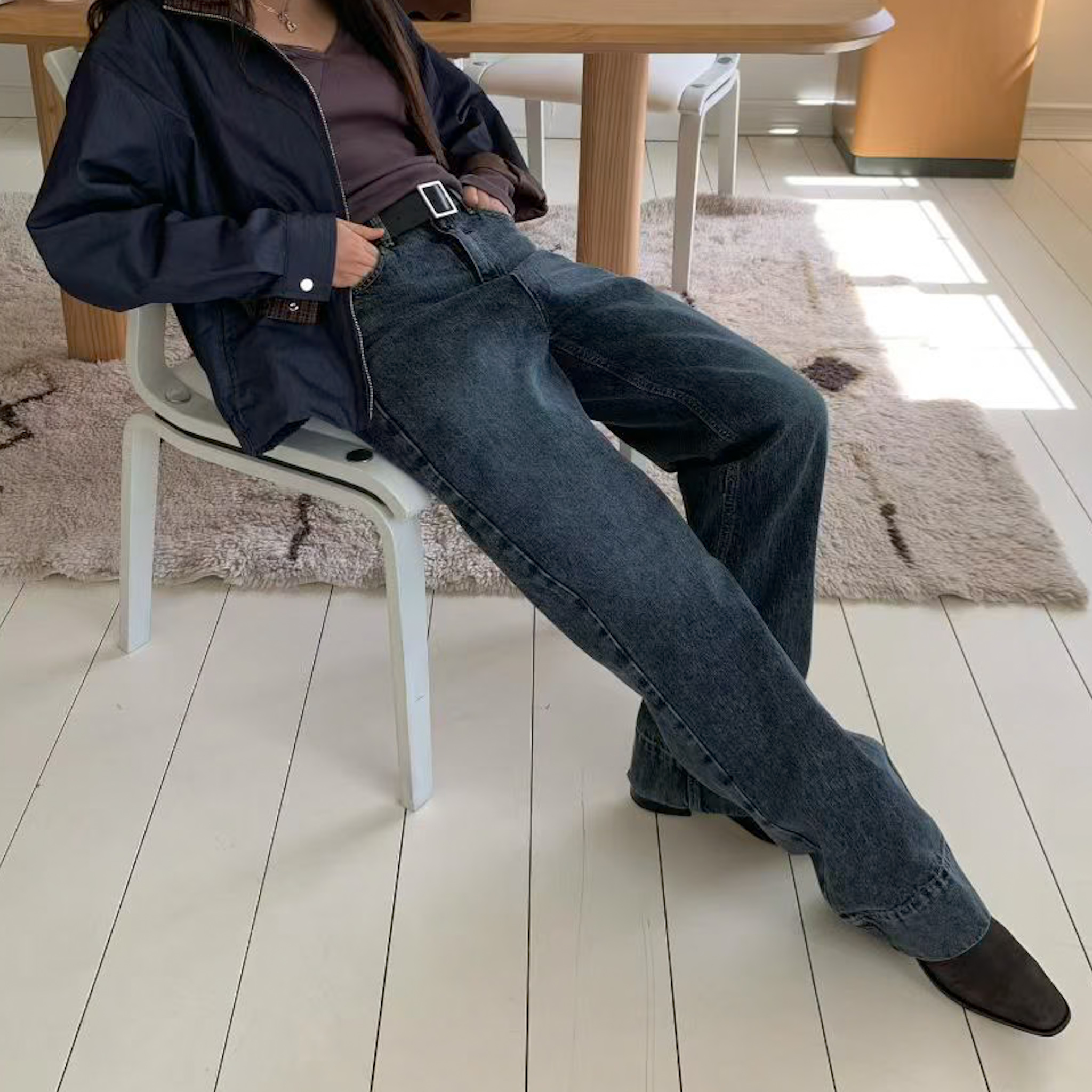 N18 漂亮刷色褲管反摺設計直身牛仔(S/M)