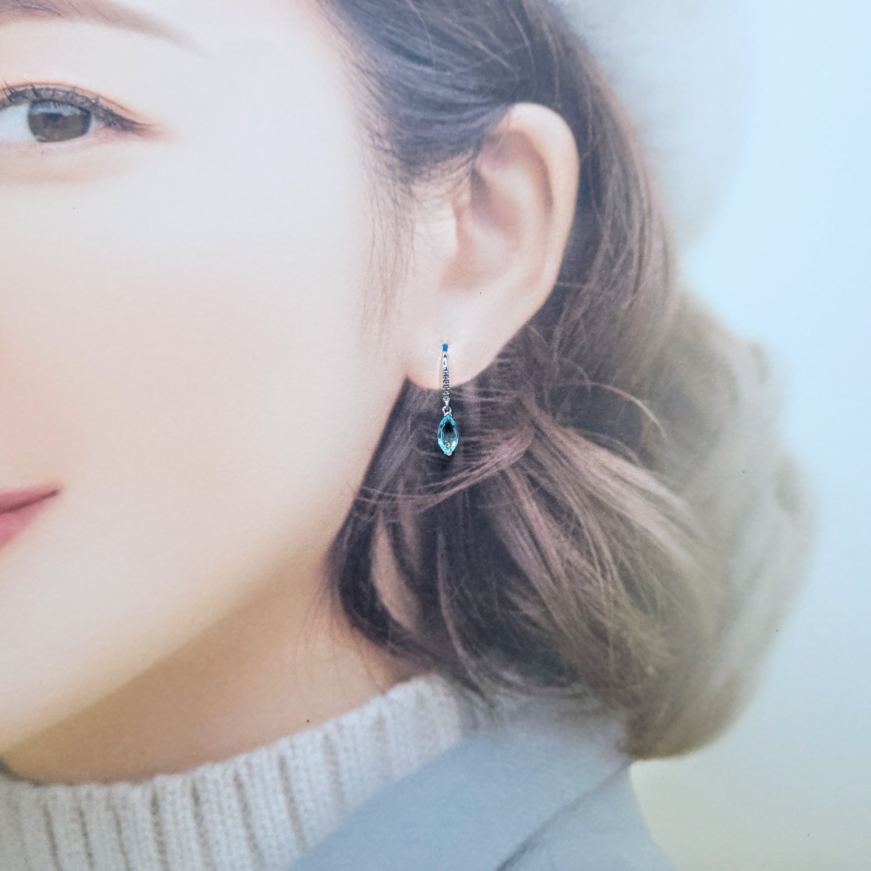 全新18K白金【主石87份帕拉伊巴】配3份鑽石吊耳環