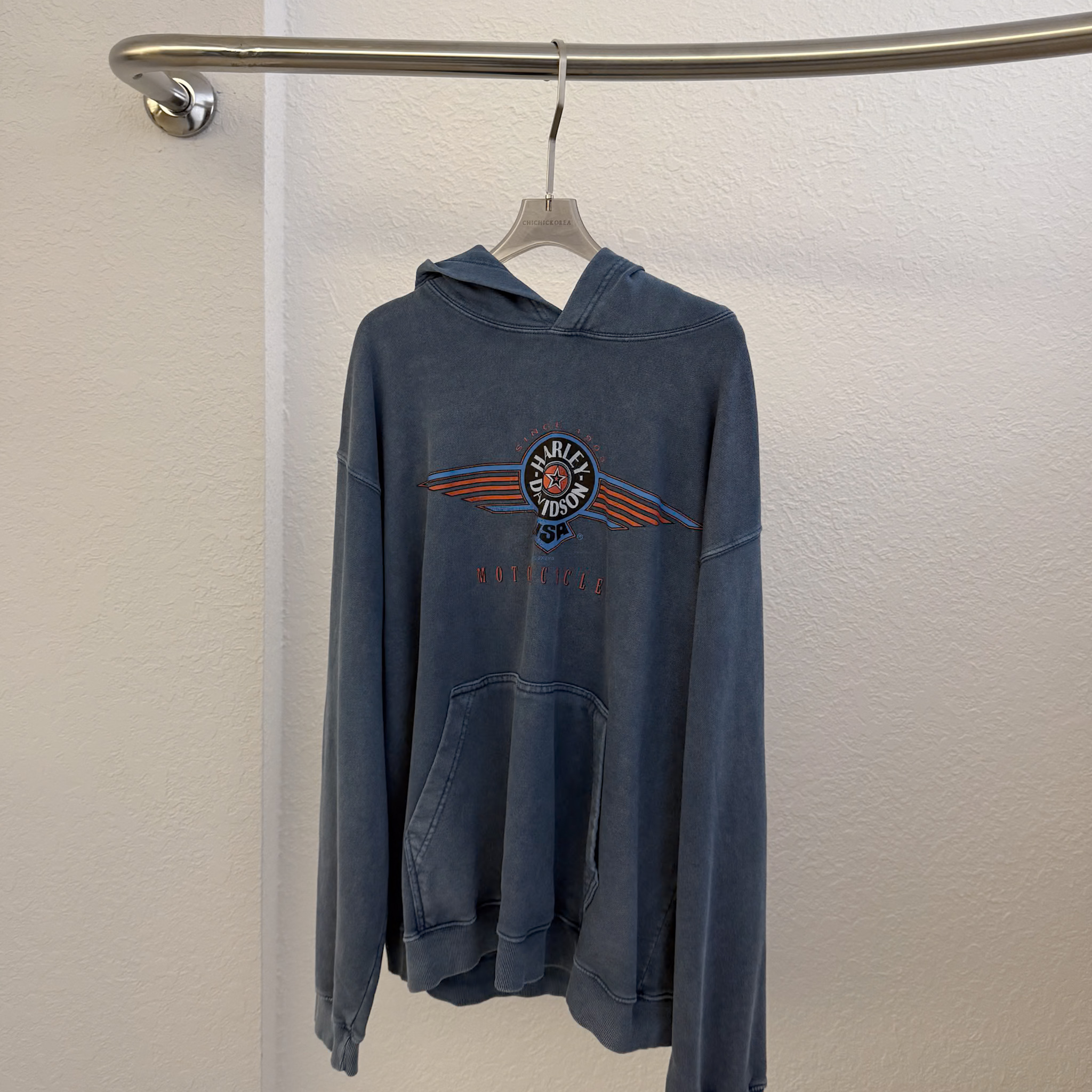 N22 (男版)無磨毛配色水洗連帽T(藍)