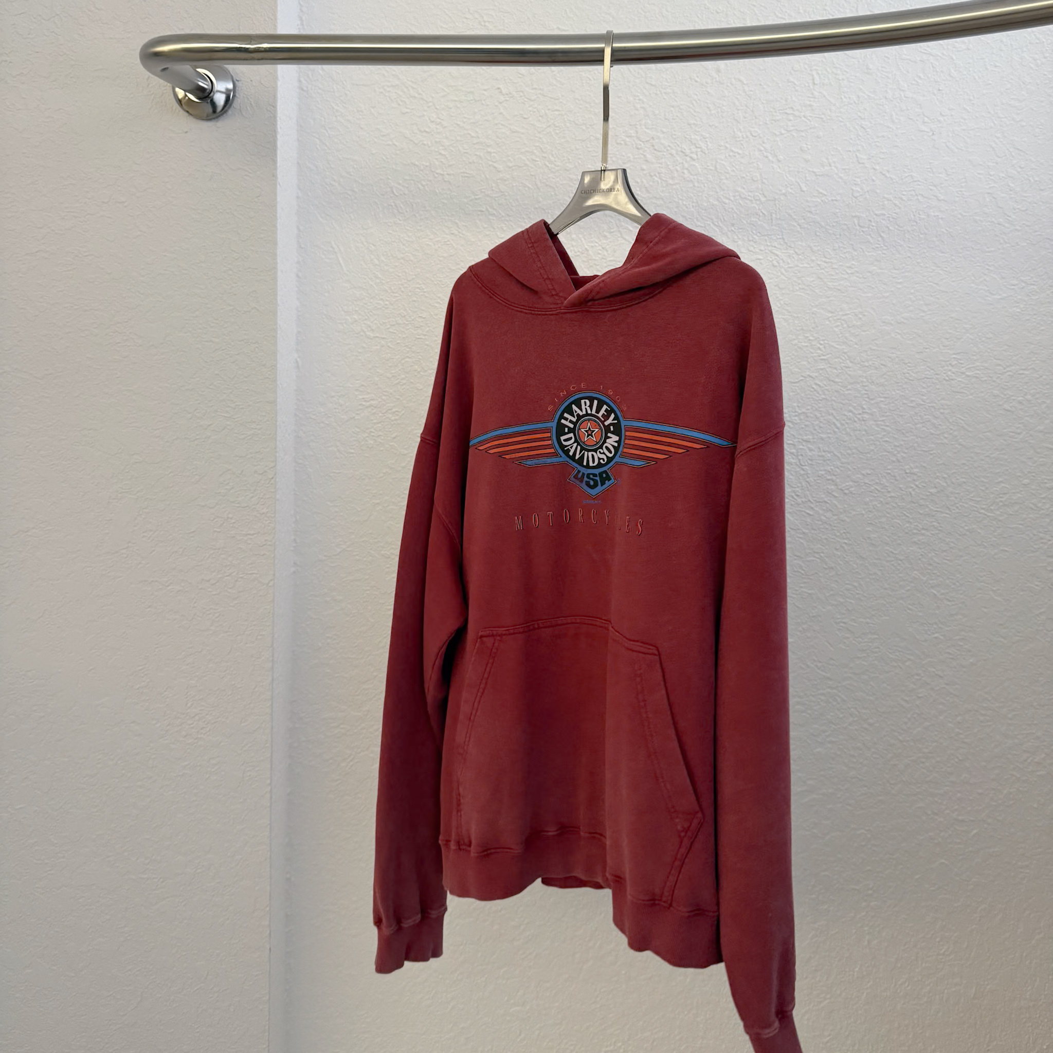 N22 (男版)無磨毛配色水洗連帽T(紅)