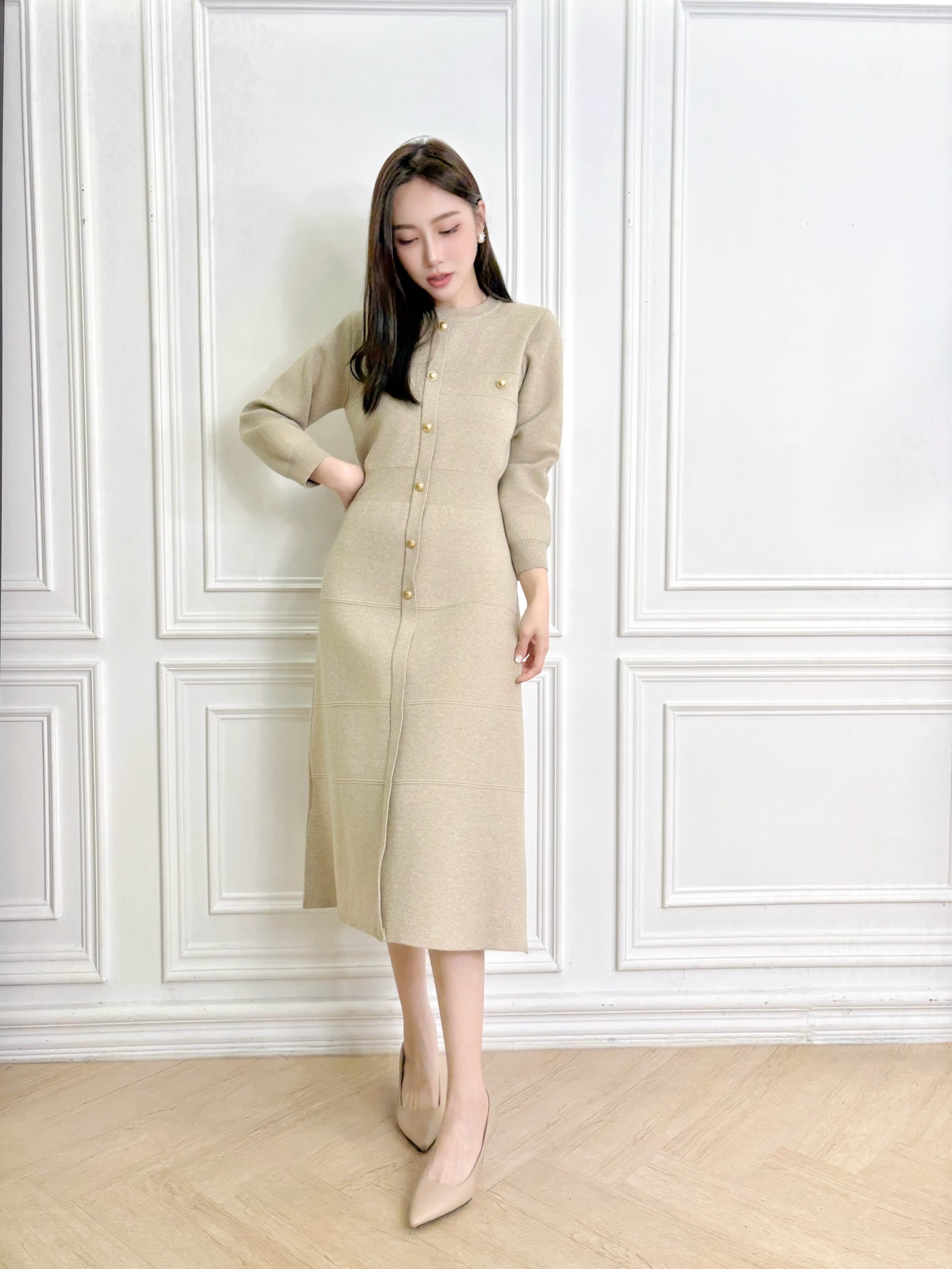 金釦針織傘擺長袖洋